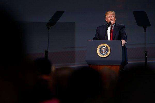 President Donald Trump at the National Rifle Association (NRA) Leadership Forum at the Georgia World Congress Center in Atlanta, Ga., on April 28, 2017. (Jonathan Ernst via Reuters)