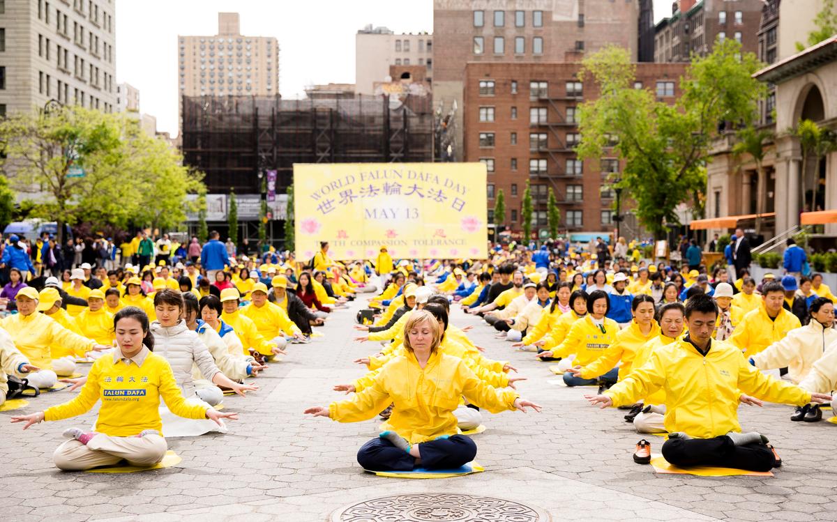 Falun Dafa practitioners participate in a World Falun Dafa Day activity at Union Square, New York City, on May 11, 2017. (Samira Bouaou/The Epoch Times)
