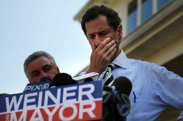 Anthony Weiner speaking with reporters in Staten Island on a visit to homes damaged by Hurricane Sandy on July 26, 2013 in New York City. (Spencer Platt/Getty Images)