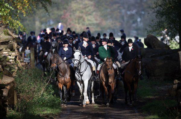 Riders from the Duke of Beaufort's Hunt wait to follow at the opening meet of the season at Worcester Lodge near Badminton in Gloucestershire, England on Nov. 1, 2014. (Matt Cardy/Getty Images)