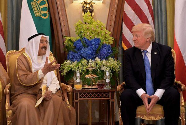  President Donald Trump (R) and Kuwait's Emir Sheikh Sabah al-Ahmad al-Jaber al-Sabah take part in a bilateral meeting at a hotel in Riyadh on May 21, 2017. (Mandel Ngan/AFP/Getty Images)