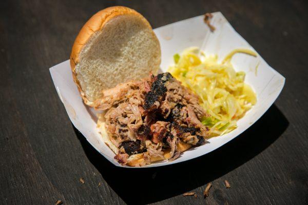 Pulled pork sandwich with coleslaw from Big Bob Gibson BBQ. (Benjamin Chasteen/The Epoch Times)
