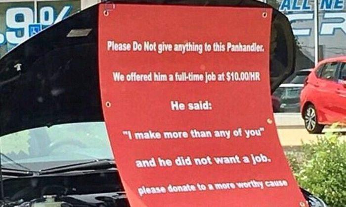 Car dealership tells drivers to not give panhandler money