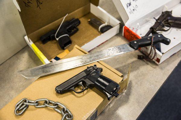 Weapons used by alleged MS-13 gang members named in the 85-count indictment, including eight attempted murders, in Nassau County, Long Island, N.Y., on June 15, 2017. (Samira Bouaou/The Epoch Times)