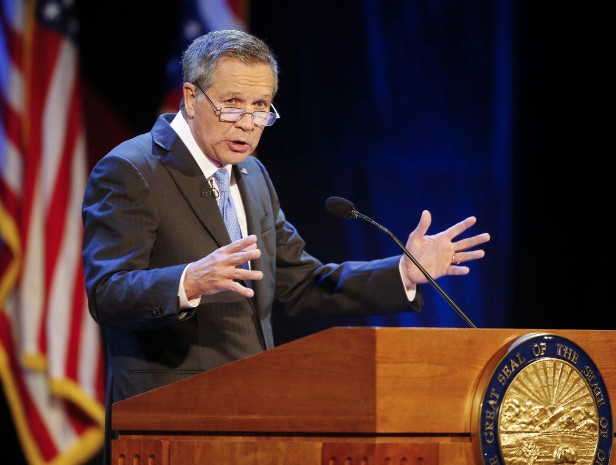 In this April 4, 2017, file photo, Ohio Gov. John Kasich delivers his State of the State address at the Sandusky State Theatre in Sandusky, Ohio. (AP Photo/Ron Schwane, File)