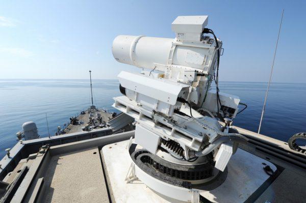 The USS Ponce conducts an operational demonstration of the Laser Weapon System while deployed to the Arabian Gulf. (U.S. Navy photo by John F. Williams/Released)
