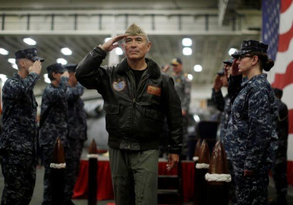 Commander of the U.S. Pacific Command Adm. Harry Harris salutes at a ceremony marking the start of Talisman Saber 2017, a biennial joint military exercise between the United States and Australia, aboard the USS Bonhomme Richard amphibious assault ship in the Pacific Ocean off the coast of Sydney on June 29, 2017. Reuters/Jason Reed