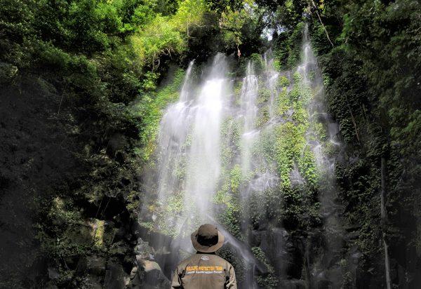 This picture taken on May 8, 2017, shows an Indonesian forest ranger admiring the sight of a waterfall in the Leuser ecosystem rainforest, located mostly within the province of Aceh on the northern tip of the island of Sumatra. (Chaideer Mahyuddin/AFP/Getty Images)