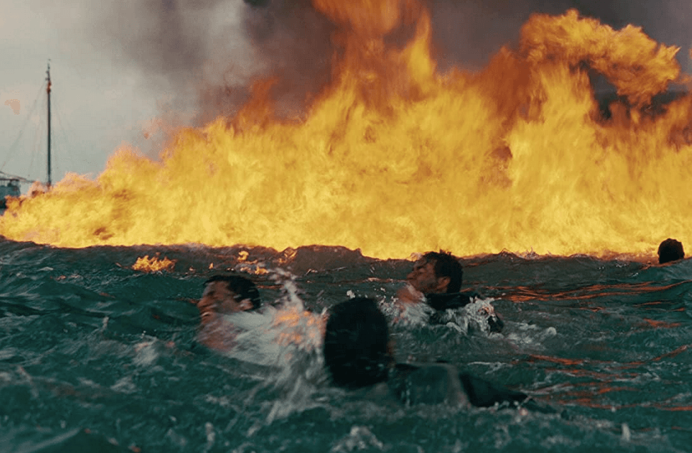 One of the many horrors of war, when the water burns, in "Dunkirk." (Melinda Sue Gordon/Warner Bros. Entertainment Inc.)