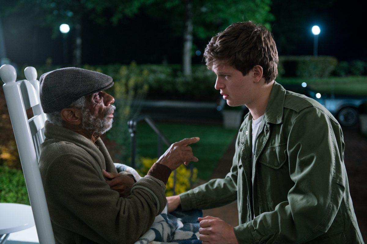 (L–R) Joseph (CJ Jones) and Baby (Ansel Elgort). Baby leaves his foster dad, Joseph, at the retirement home as the cops close in on him in TriStar Pictures's "Baby Driver." (Sony Pictures Entertainment Inc.)