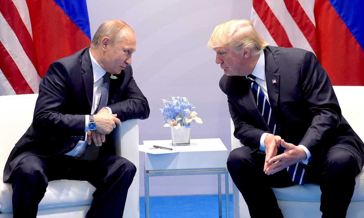 US President Donald Trump and Russia's President Vladimir Putin hold a meeting on the sidelines of the G-20 Summit in Hamburg, Germany, on July 7, 2017. (Saul Loeb/AFP/Getty Images)