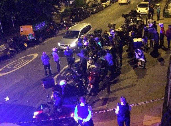 Emergency response following acid attack at the junction of Hackney Road junction with Queensbridge Road, London July 13, 2017, in this photo obtained from social media. (Sarah Cobbold via Reuters)