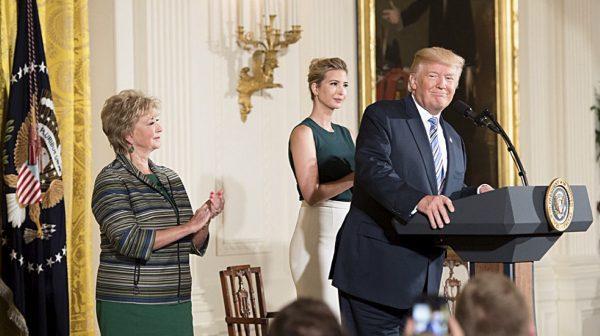 President Donald Trump, daughter and senior adviser Ivanka Trump (C), and Small Business Administration head Linda McMahon (L) at a White House event for small businesses on Aug. 1, 2017. (The White House)