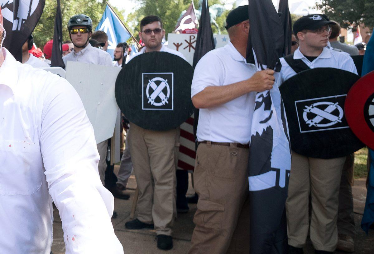 James Alex Fields Jr., (2nd L with shield) is seen attending the "Unite the Right" rally in Emancipation Park in Charlottesville, Virginia, on August 12, 2017. (REUTERS/Eze Amos)