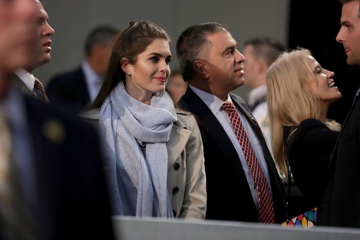 Hope Hicks, Deputy campaign manager David Bossie, and campaign manager Kellyanne Conway attend the final Trump campaign rally on Election Day in Devos Place in Grand Rapids, Mich., on Nov. 8, 2016. (Chip Somodevilla/Getty Images)