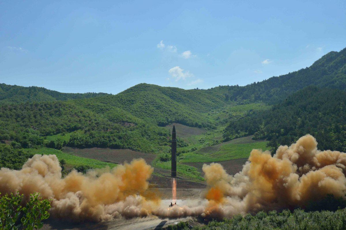 The intercontinental ballistic missile Hwasong-14, in an undated photo released on July 4, 2017.<br/>(KCNA/via REUTERS)