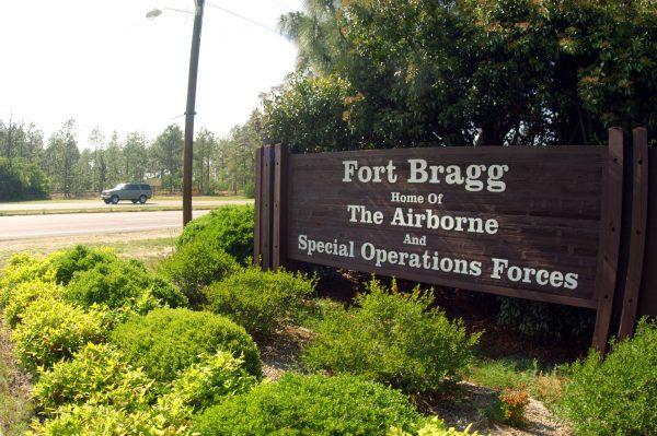  A sign shows Fort Bragg information in Fayettville, N.C., on May 13, 2004. (Logan Mock-Bunting/Getty Images)
