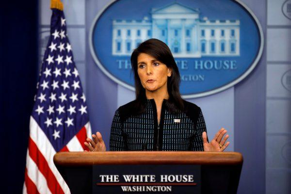 Former U.S. Ambassador to the UN, Nikki Haley attends the daily briefing at the White House in Washington on Sept. 15, 2017. (REUTERS/Carlos Barria)