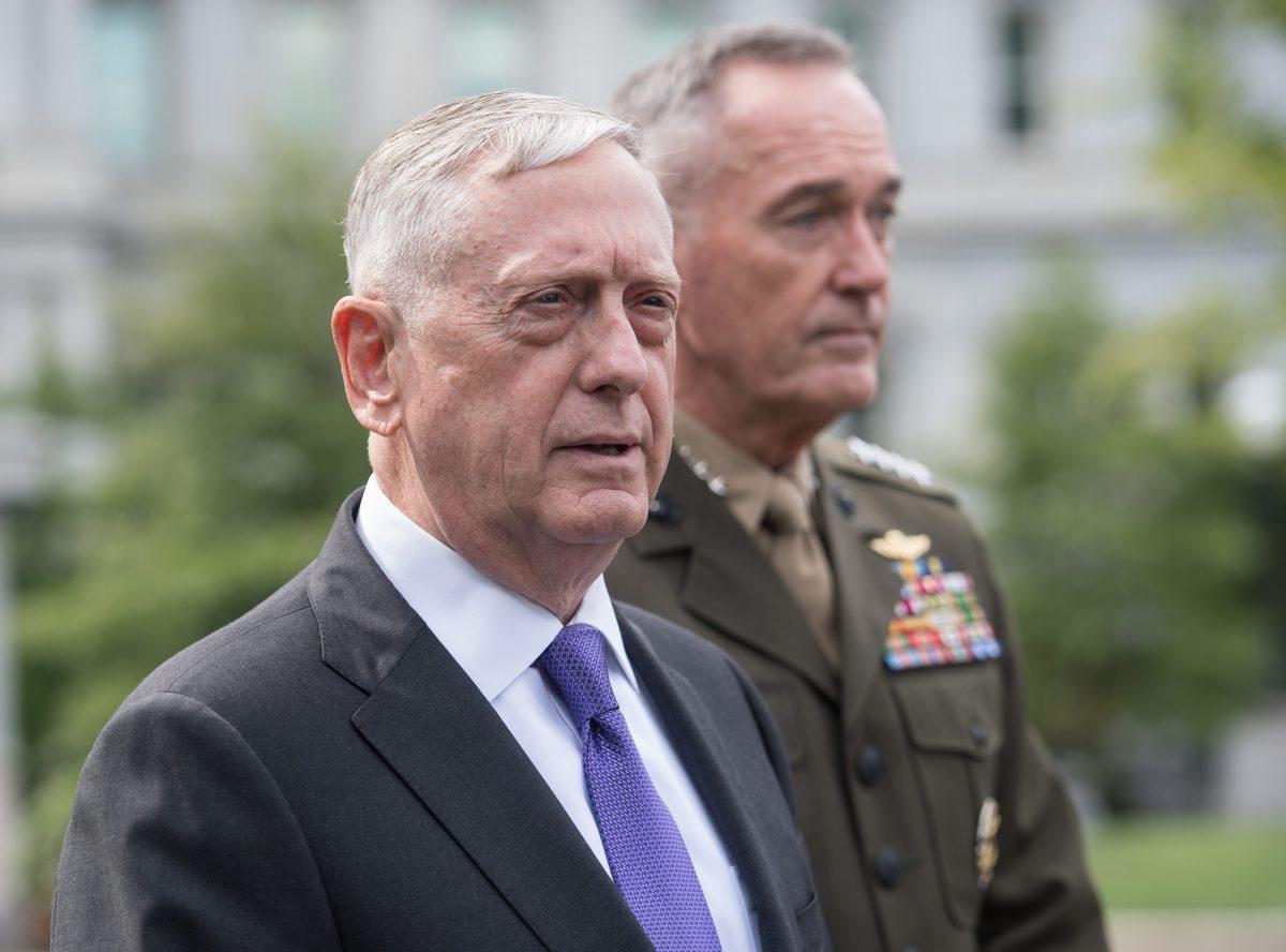 Defense Secretary Jim Mattis (L) and Gen. Joseph Dunford, chairman of the Joint Chiefs of Staff speak to the press about the situation in North Korea at the White House in Washington, D.C. on Sept. 3, 2017. (NICHOLAS KAMM/AFP/Getty Images)