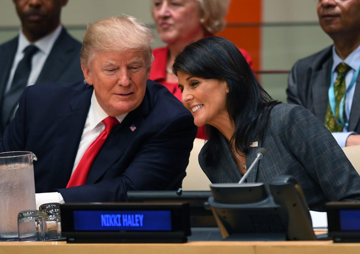 President Donald Trump and the then US ambassador to the United Nations Nikki Haley during a meeting on United Nations Reform at the United Nations headquarters in New York on Sept. 18, 2017. (Timothy A. Clary/AFP/Getty Images)