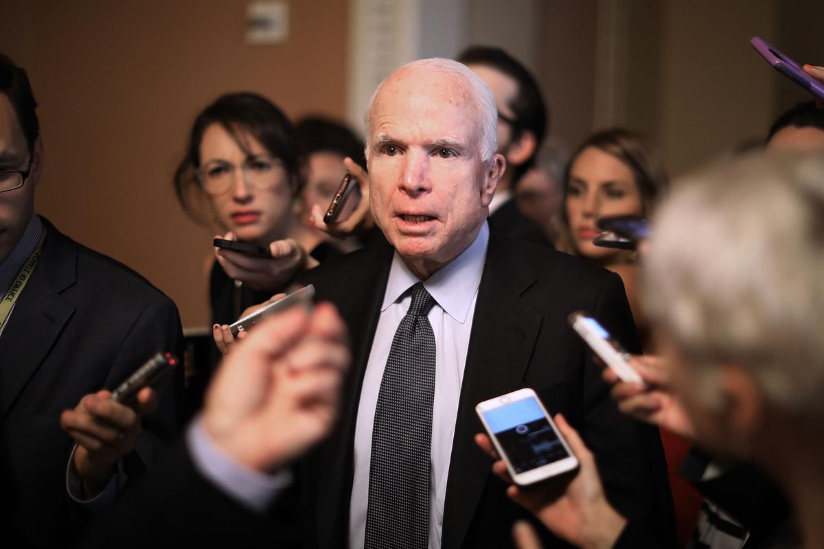 Sen. John McCain (R-AZ) speaks to reporters at the Capitol on July 13, 2017. (Chip Somodevilla/Getty Images)