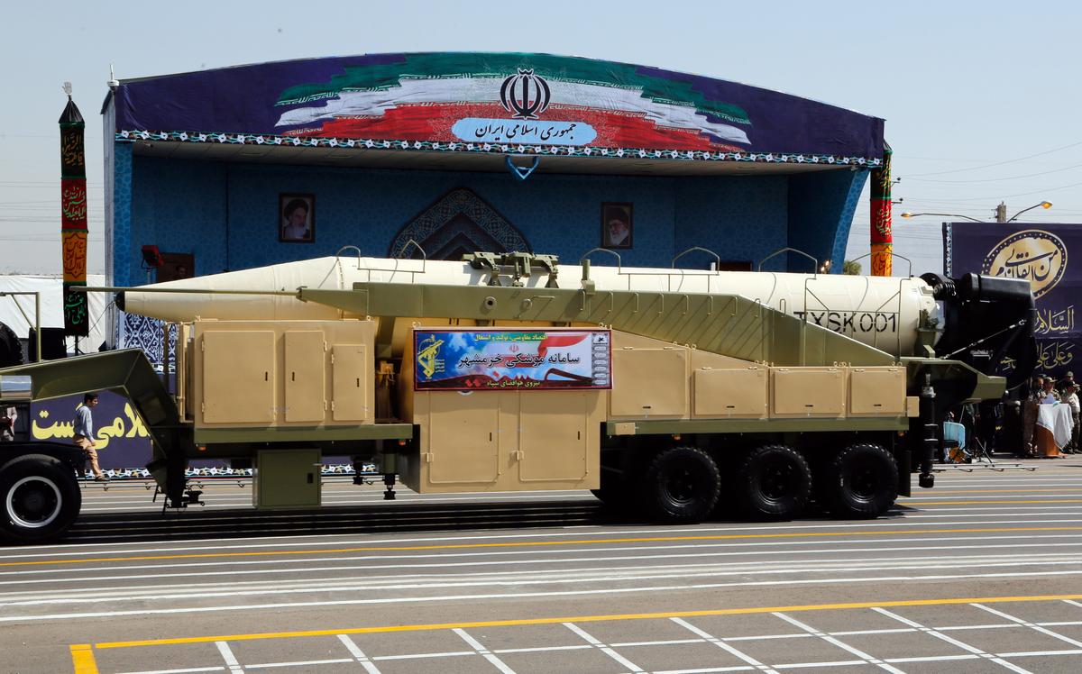 The new Iranian medium-range missile Khorramshahr is displayed during the annual military parade marking the anniversary of the outbreak of its devastating 1980-1988 war with Saddam Hussein's Iraq, in Tehran on Sept. 22, 2017. President Hassan Rouhani vowed that Iran would boost its ballistic missile capabilities despite criticism from the United States and also France. (STR/AFP/Getty Images)
