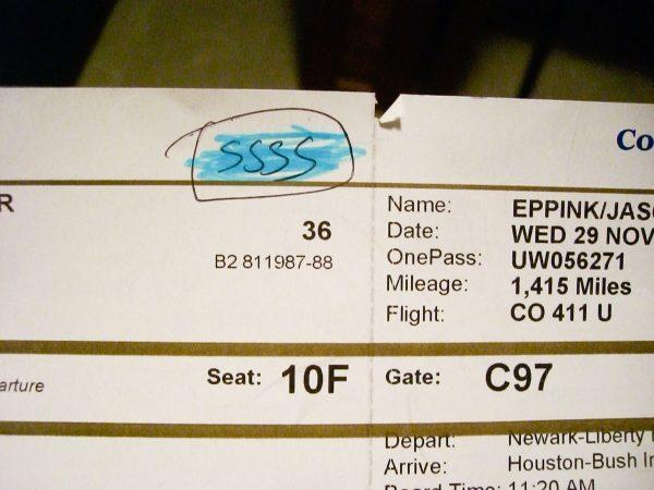 The code "ssss" for Secondary Security Screening Selection on a boarding pass. ("Close up on the SSSS" by Jason Eppink/Flickr ll CC BY 2.0 ( ept.ms/2haHp2Y)