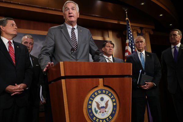 Sen. Luther Strange and other Republican senators on July 11 calling on Senate Majority Leader Mitch McConnell to shorten or cancel the recess if they do not make significant progress on important legislation in July. (Chip Somodevilla/Getty Images)
