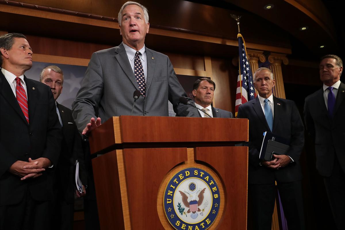 Sen. Luther Strange and other Republican senators on July 11, calling on Senate Majority Leader Mitch McConnell to shorten or cancel the recess if they do not make significant progress on important legislation in July. (Chip Somodevilla/Getty Images)