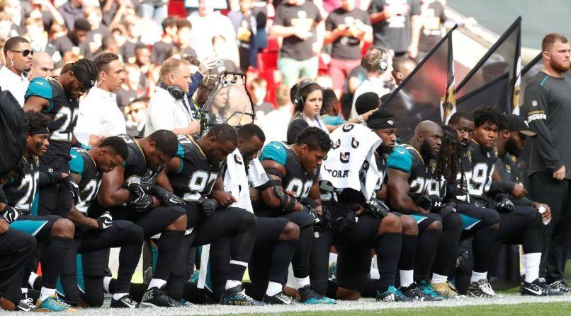 Many Jaguars players knelt during the national anthem on Sunday, Sept. 24. (Reuters/Andrew Boyers)
