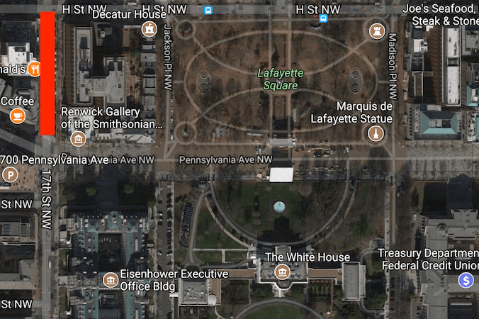 The man was arrested on the 700 block of 17th Street, marked in red, just 350 yards from the White House. (Epoch Times/Screenshot via Google Maps)