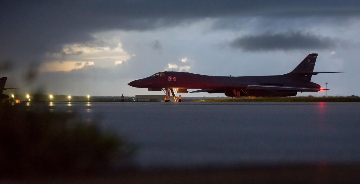 An Air Force B-1B Lancer assigned to the 37th Expeditionary Bomb Squadron prepares to take off from Andersen Air Force Base, Guam, on Sept. 23, 2017. (Staff Sgt. Joshua Smoot)
