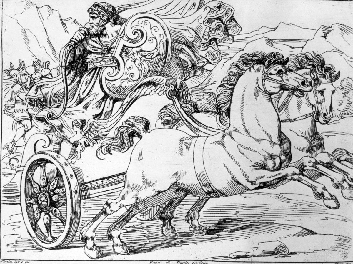 Circa 333 BC, Darius III, king of Persia, fleeing in a chariot after defeat at the hands of Alexander the Great's army. Original Artwork: Drawing (of 1821) by Pinelli. (Hulton Archive/Getty Images)