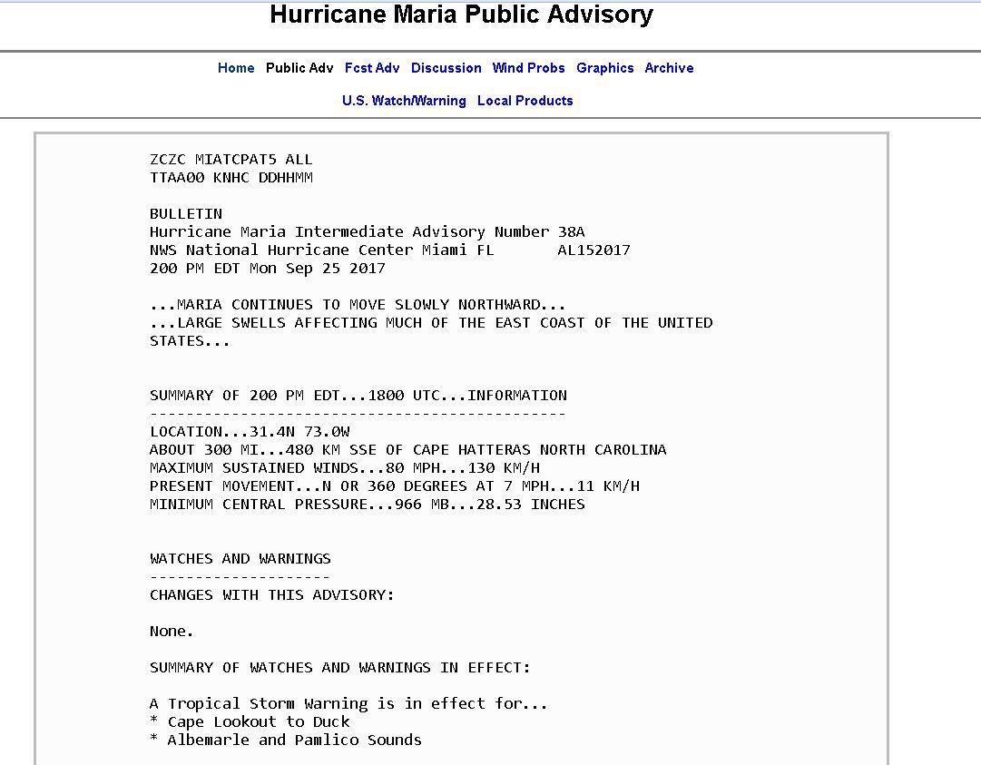 The National Hurricane Center's 2 p.m. Monday update on Hurricane Maria