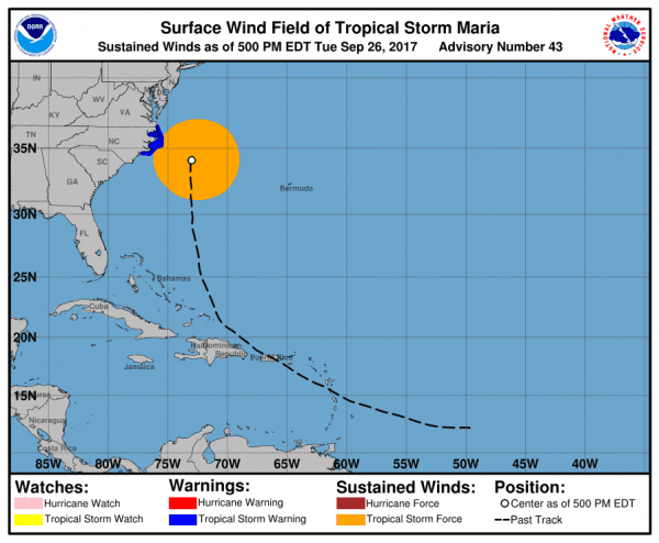 Map of the surface wind field of Tropical Storm Maria on Sept. 26, 2017. (National Hurricane Center/NOAA)