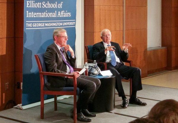 James Clapper, the controversial former intelligence chief under Obama, gave a talk at the Elliott School of International Affairs at George Washington University to a room full of students. (Paul Huang/The Epoch Times)