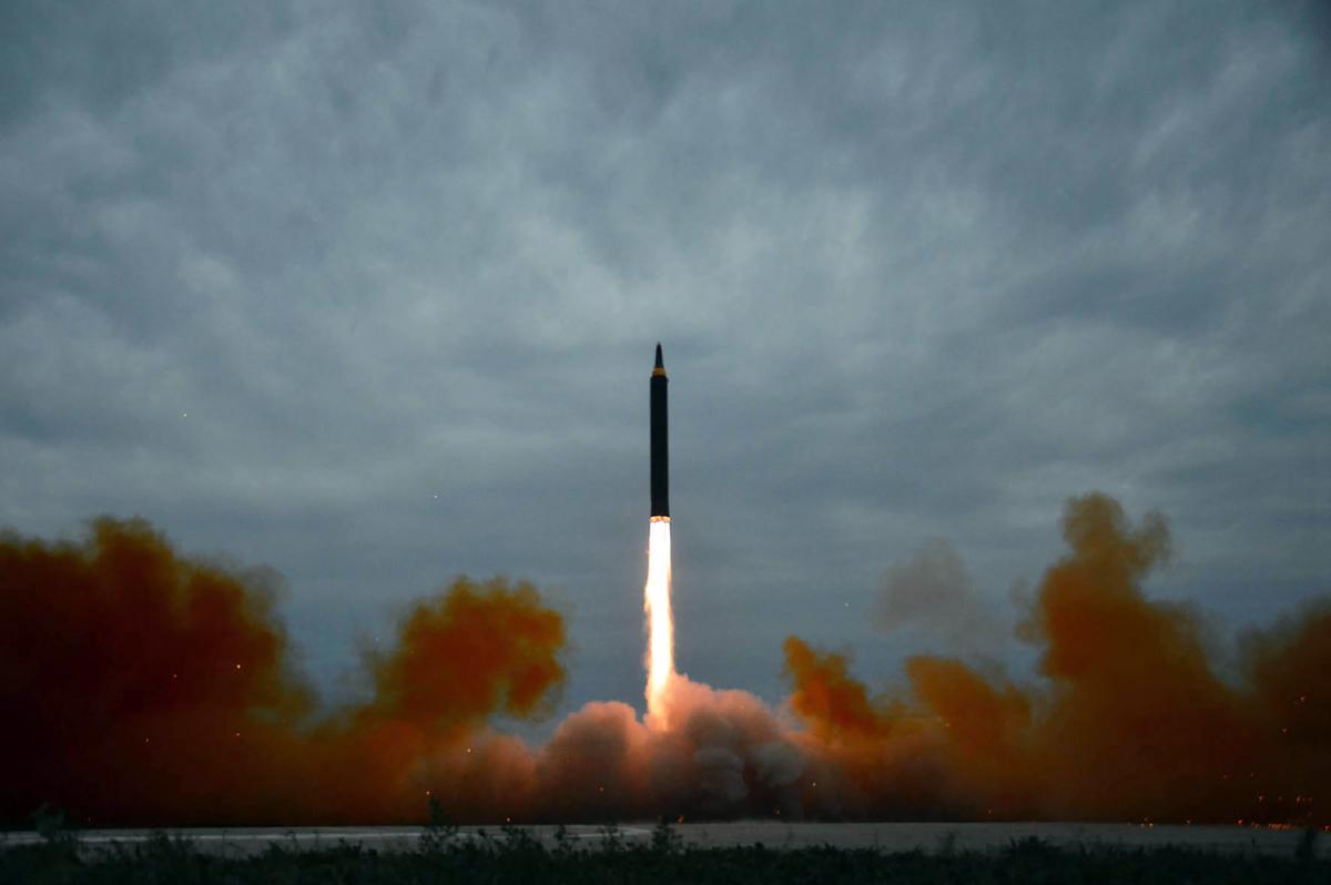 A launch test of North Korea’s intermediate-range ballistic missile Hwasong-12 at an undisclosed location near Pyongyang, in a photo released by North Korea’s official Korean Central News Agency on Aug. 30, 2017. (STR/AFP/GETTY IMAGES)