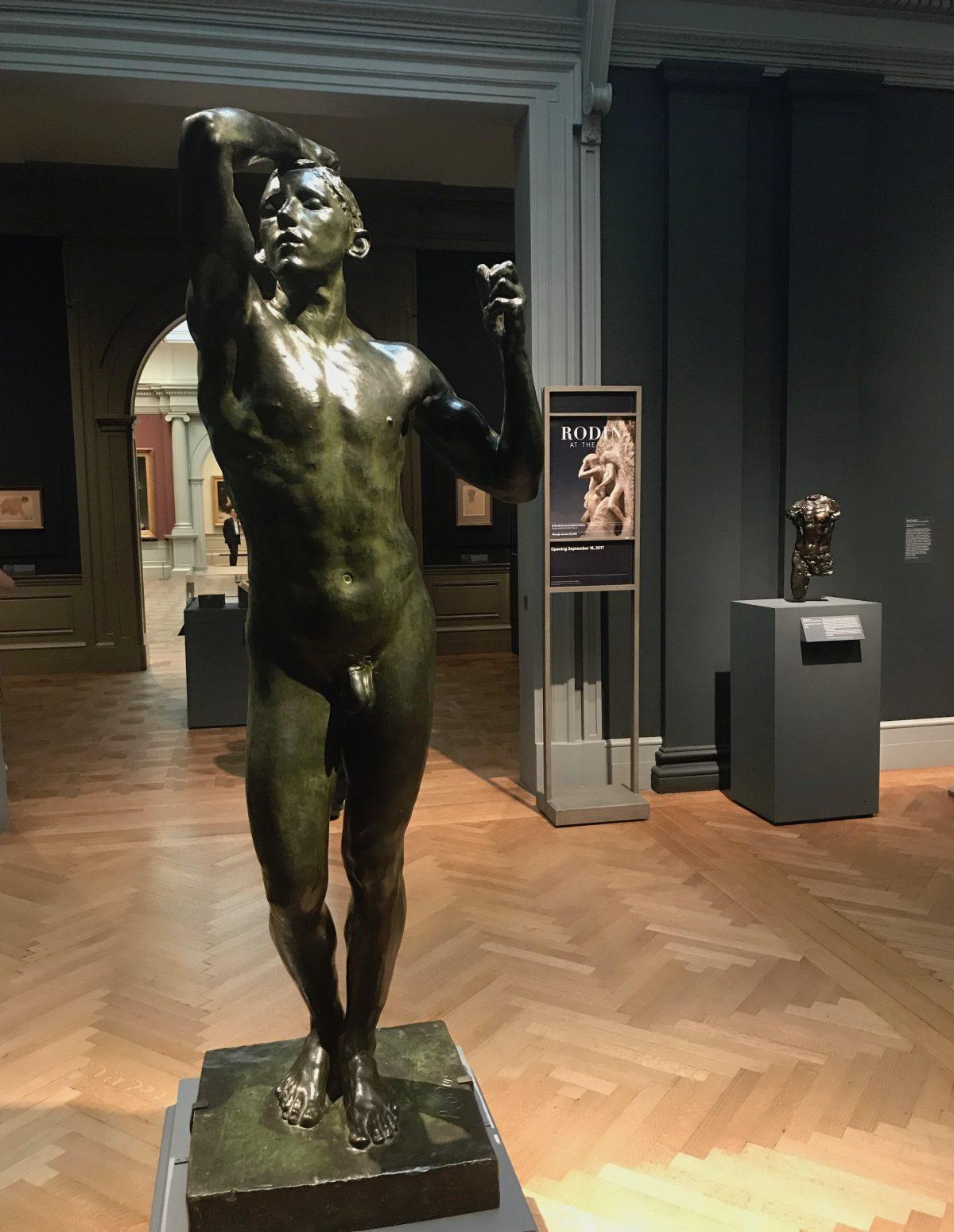 “The Age of Bronze” by Auguste Rodin. Cast by Alexis Rudier, modeled 1876, cast circa 1906, bronze. The Metropolitan Museum of Art, gift of Mrs. John W. Simpson, 1907. (Background) “Torso” by Auguste Rodin. Modeled circa 1877–78, cast 1979 in bronze. (Milene Fernandez/The Epoch Times)