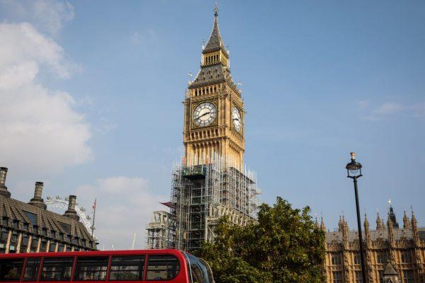 The Elizabeth Tower, commonly known as Big Ben, is covered in scaffolding as conservation works are carried out on Sept. 26, 2017, in London. (Jack Taylor/Getty Images)