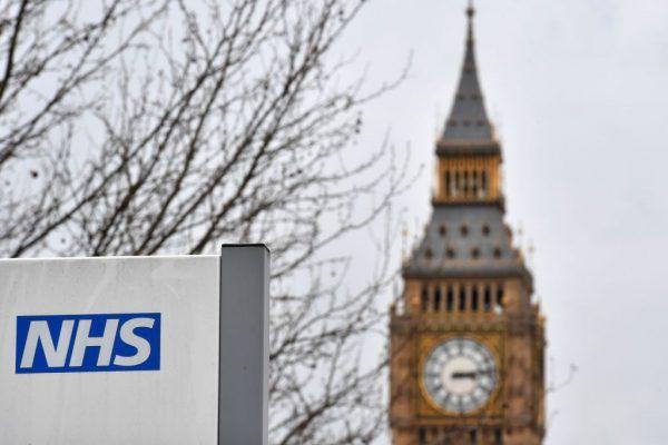 An NHS sign is pictured outside St. Thomas's Hospital, near the Houses of Parliament, in central London on March 8, 2017. (Ben Stansall/AFP/Getty Images)