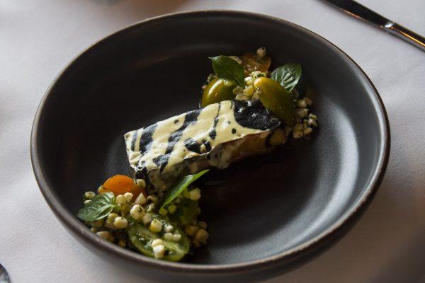 Chino Farm Corn Lasagna, with huitlacoche, ricotta, maitake mushrooms, cherry tomatoes, and basil, at California Modern at George’s At The Cove.(Channaly Philipp/The Epoch Times)
