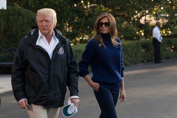 President Donald Trump speaks with the press before boarding Marine One with First Lady Melania Trump on the South Lawn of the White House in Washington, D.C., on Oct. 3, 2017, en route to Puerto Rico. (Samira Bouaou/The Epoch Times)