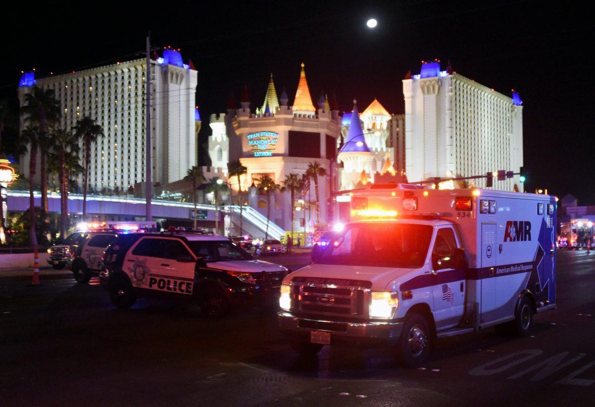 An ambulance leaves the intersection of Las Vegas Boulevard and Tropicana Ave. after a mass shooting at a country music festival nearby in Las Vegas on Oct. 2, 2017 . (Ethan Miller/Getty Images)