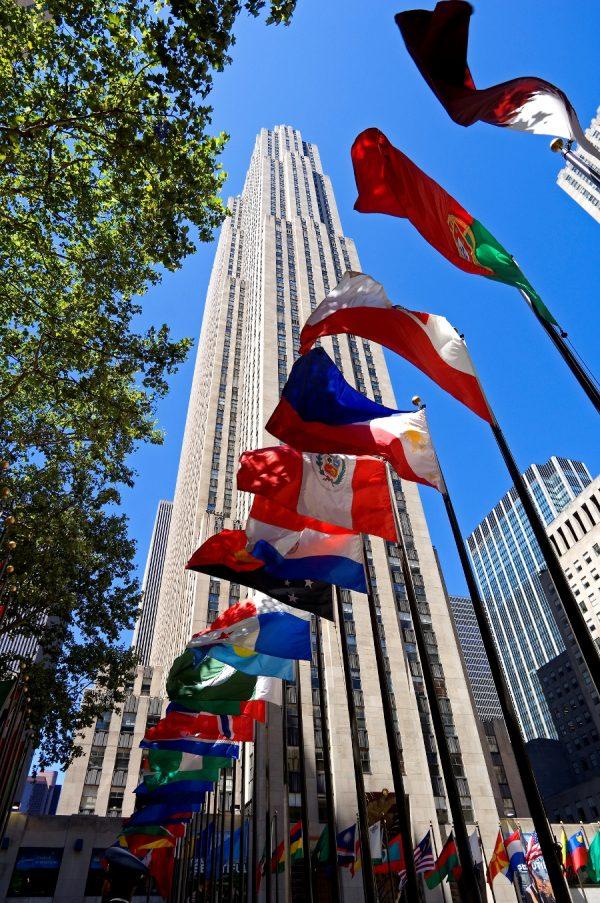 Flags from various countries in the plaza at Rockefeller Center. (Courtesy of Tishman Speyer/Bart Barlow)