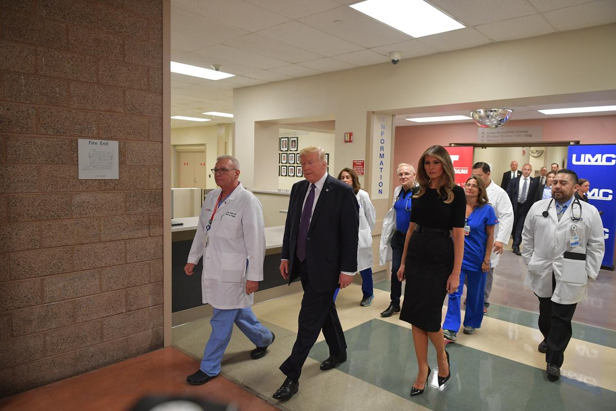 President Donald Trump along with first lady Melania Trump at University Medical Center in Las Vegas on Oct. 4, 2017. (MANDEL NGAN/AFP/Getty Images)