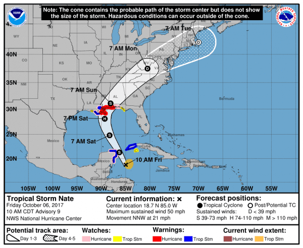<span style="color: #333333;">The projected path of Tropical Storm Nate as of 11 a.m. ET on Friday, Oct. 6, 2017. (NHC/NOAA)</span>
