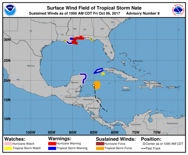 Surface wind field of Tropical Storm Nate as of 11 a.m. ET on Friday, Oct. 6, 2017. (NHC/NOAA)