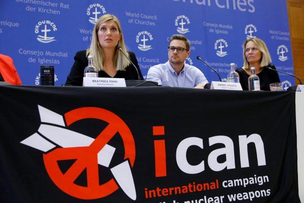 Beatrice Fihn, Executive Director of the International Campaign to Abolish Nuclear Weapons (ICAN), Grethe Ostern (R), member of the steering committee, Daniel Hogsta, coordinator, attend a news conference after ICAN won the Nobel Peace Prize 2017, in Geneva, Switzerland October 6, 2017. REUTERS/Denis Balibouse)