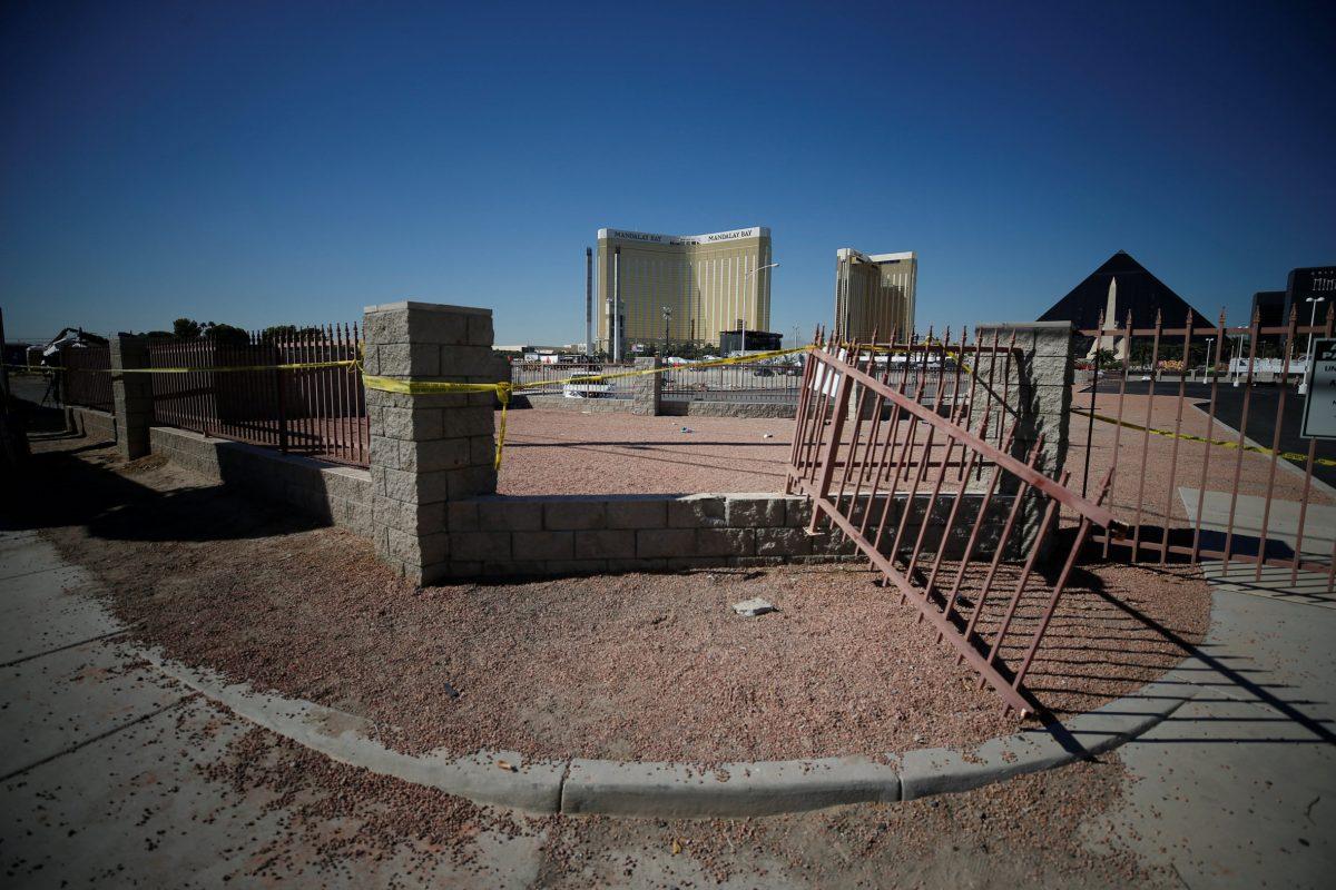 A broken fence is pictured leading from the parking lot near the site of the Route 91 music festival mass shooting in Las Vegas on Oct. 5, 2017. (Chris Wattie/Reuters)