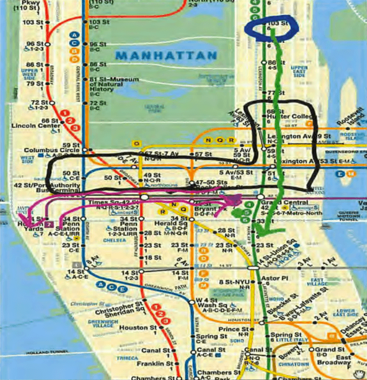 A map of the New York City Subway with marks allegedly illustrating a bombing plot. (The U.S. Department of Justice)